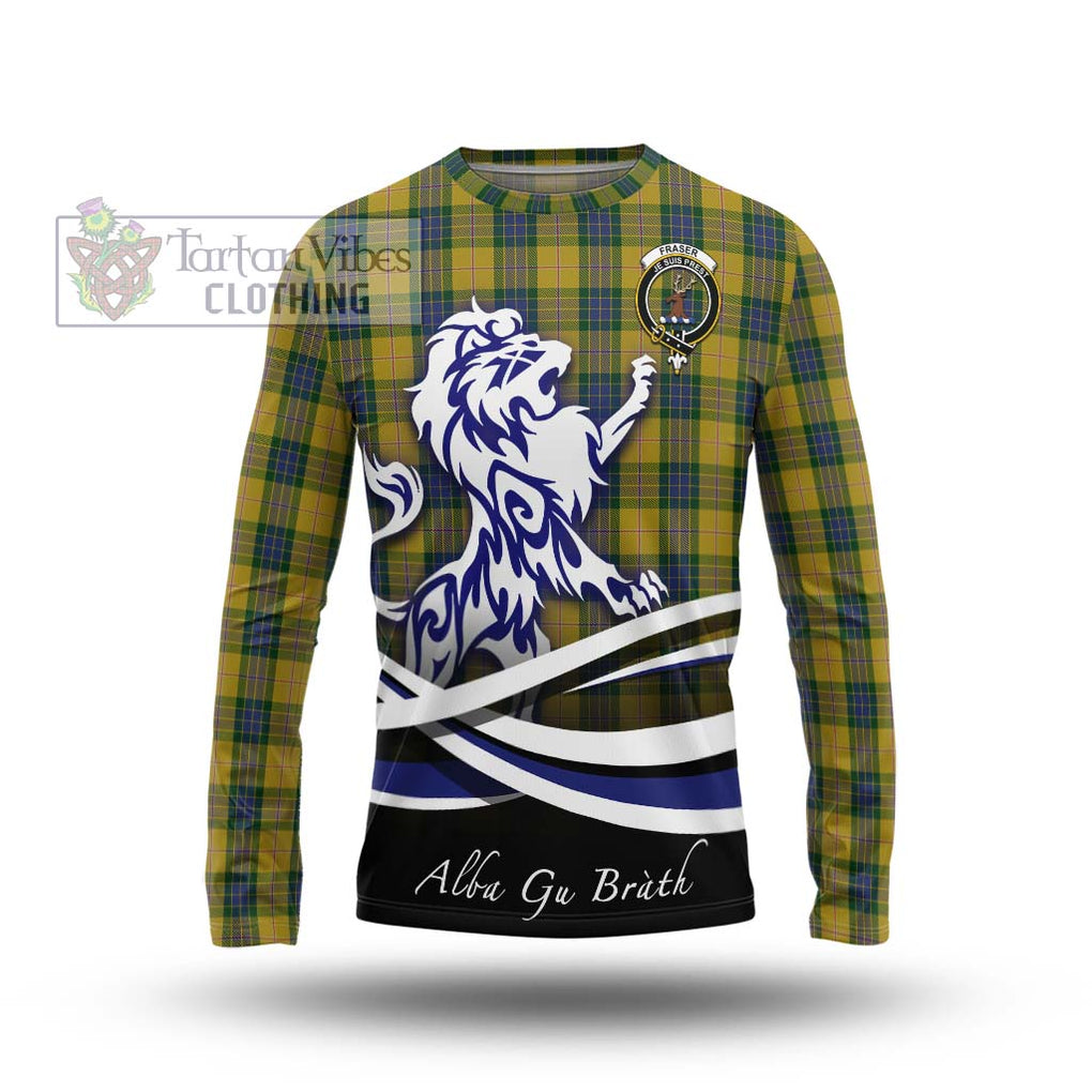 Fraser Yellow Tartan Long Sleeve T-Shirt with Alba Gu Brath Regal Lion Emblem Unisex - Tartanvibesclothing Shop