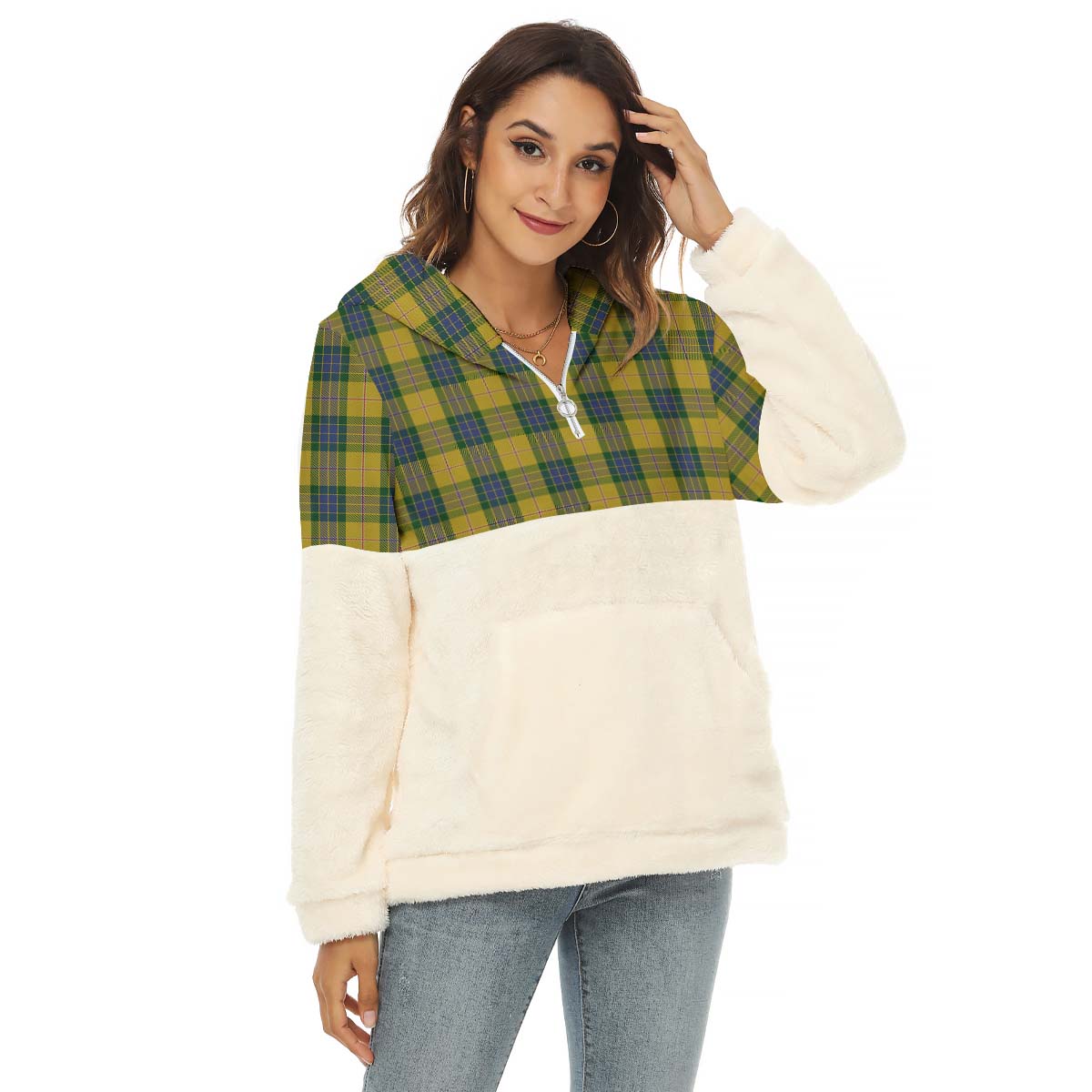 Fraser Yellow Tartan Women's Borg Fleece Hoodie With Half Zip Female - Tartanvibesclothing