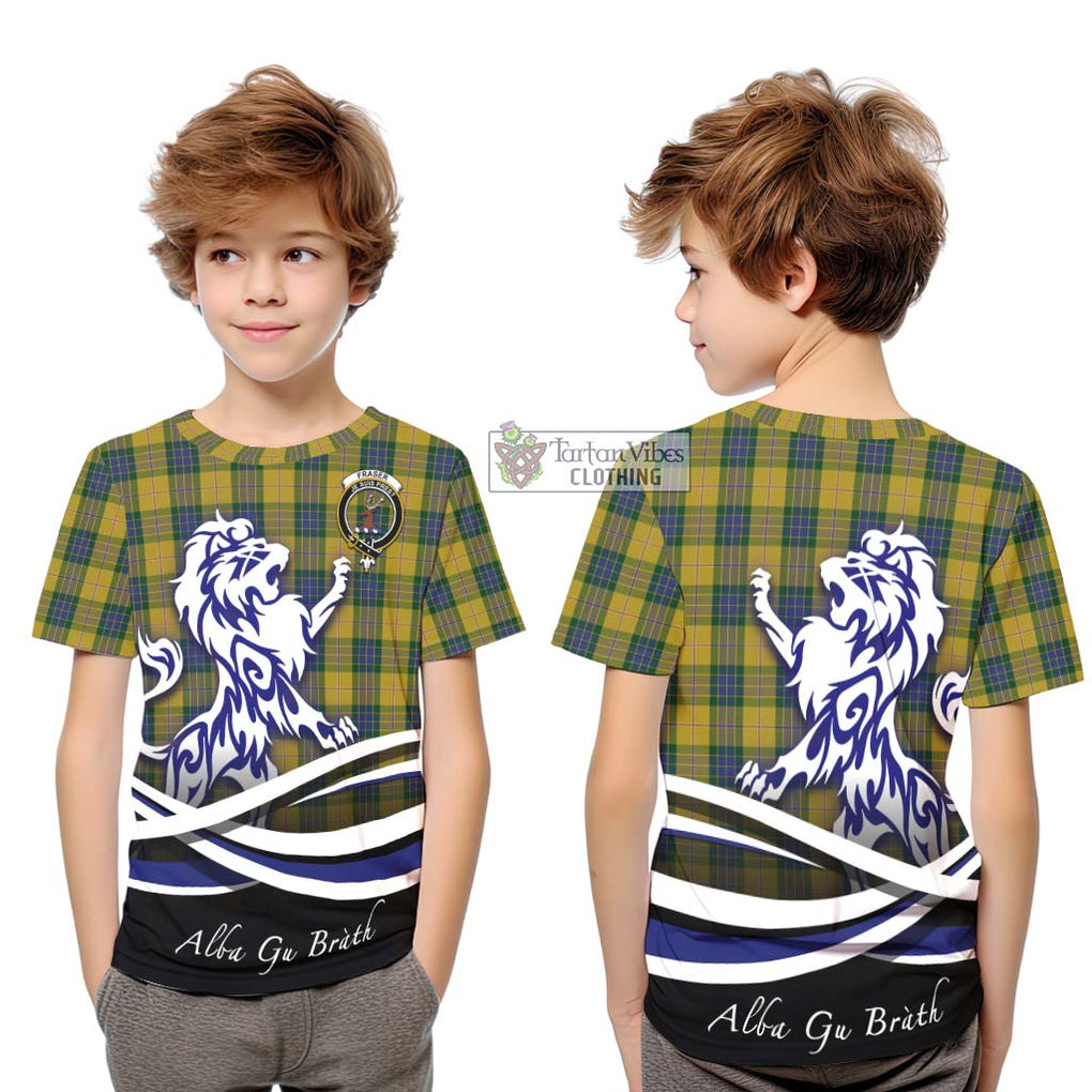 Fraser Yellow Tartan Kid T-Shirt with Alba Gu Brath Regal Lion Emblem Youth XL Size14 - Tartanvibesclothing Shop