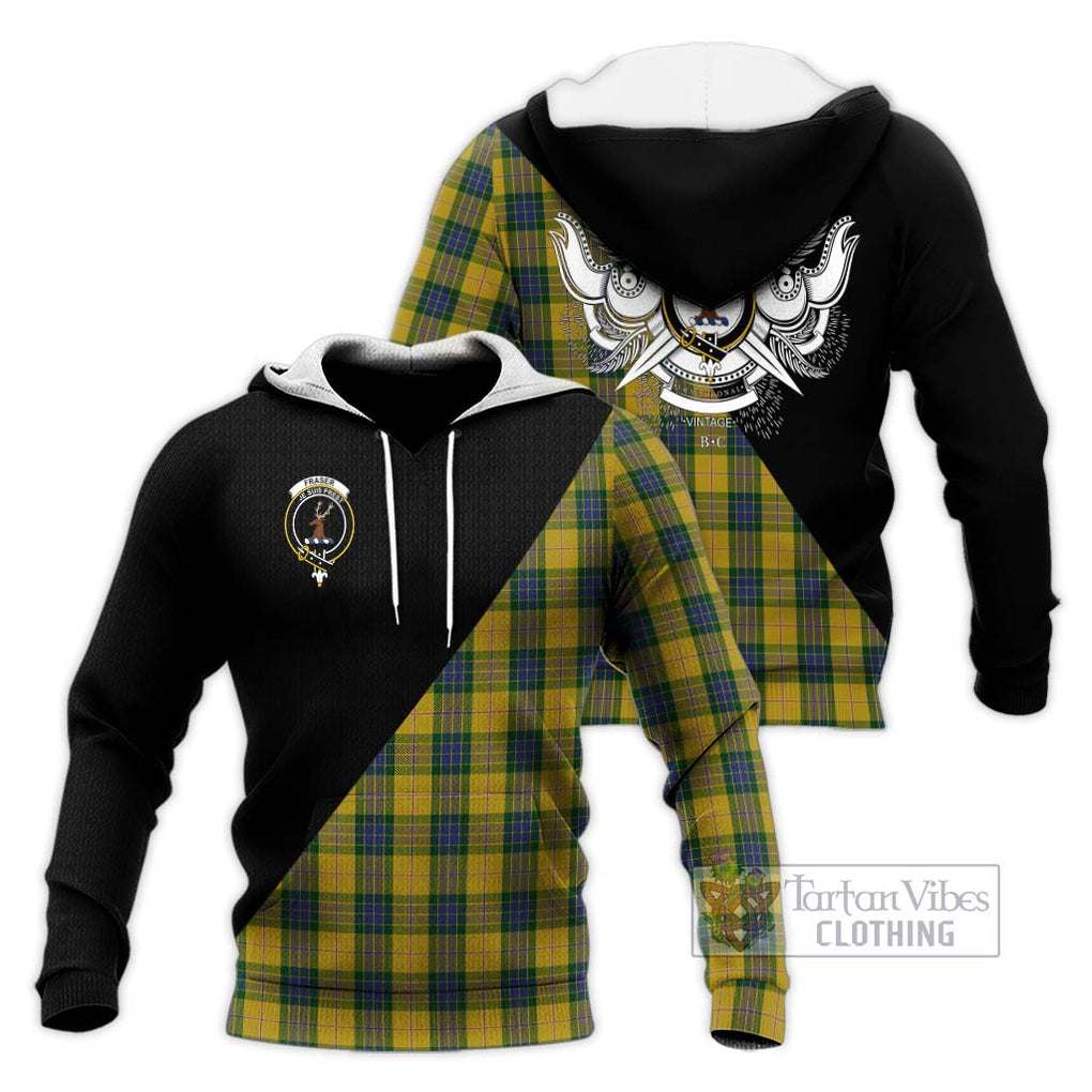 Fraser Yellow Tartan Knitted Hoodie with Family Crest and Military Logo Style Unisex Knitted Pullover Hoodie - Tartanvibesclothing Shop