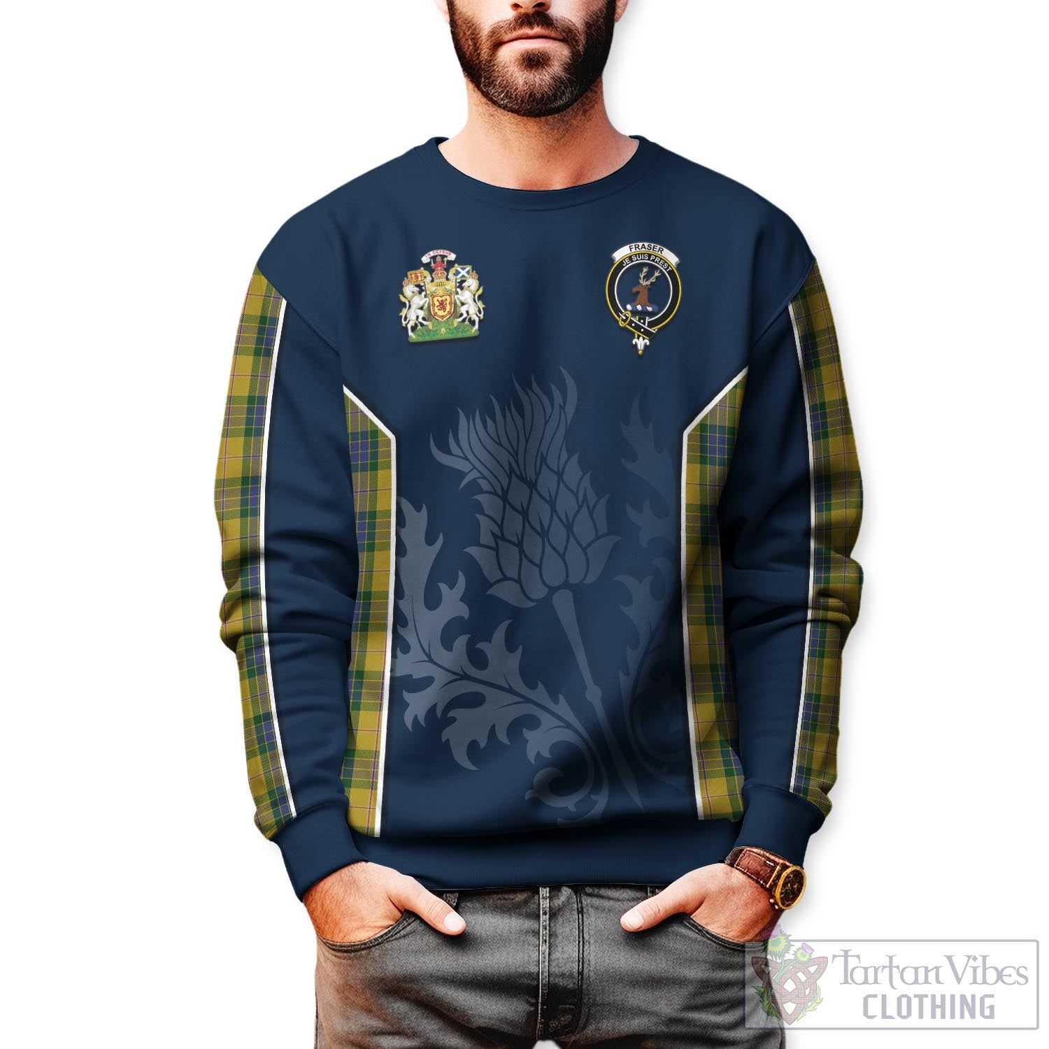 Tartan Vibes Clothing Fraser Yellow Tartan Sweatshirt with Family Crest and Scottish Thistle Vibes Sport Style