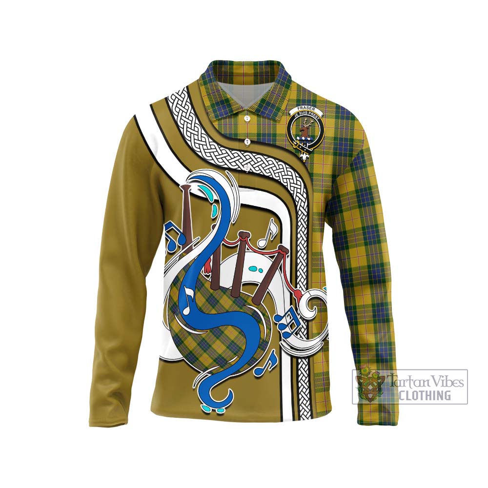 Tartan Vibes Clothing Fraser Yellow Tartan Long Sleeve Polo Shirt with Epic Bagpipe Style