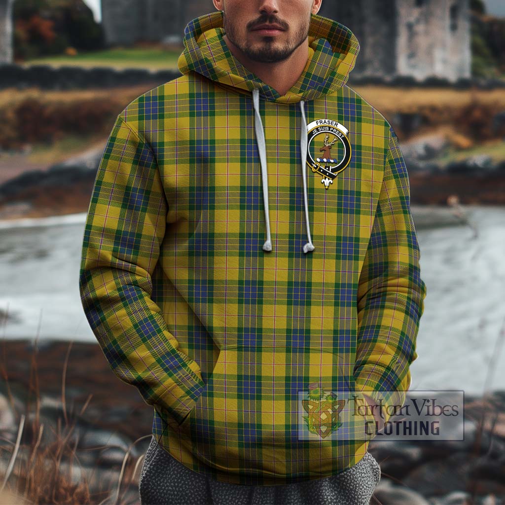 Tartan Vibes Clothing Fraser Yellow Tartan Cotton Hoodie with Family Crest