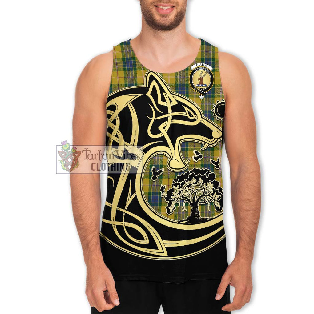 Fraser Yellow Tartan Men's Tank Top with Family Crest Celtic Wolf Style Men - Tartan Vibes Clothing