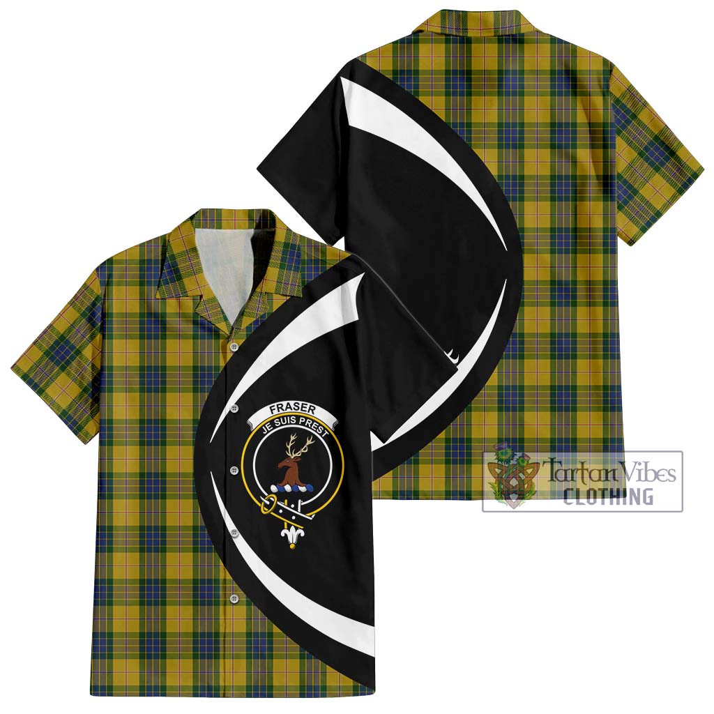 Fraser Yellow Tartan Short Sleeve Button Up with Family Crest Circle Style Kid - Tartan Vibes Clothing