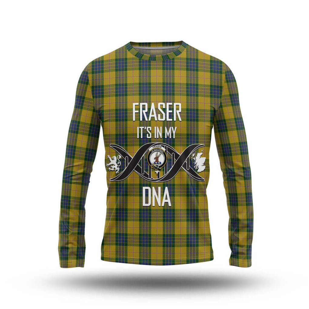 Fraser Yellow Tartan Long Sleeve T-Shirt with Family Crest DNA In Me Style Unisex - Tartanvibesclothing Shop