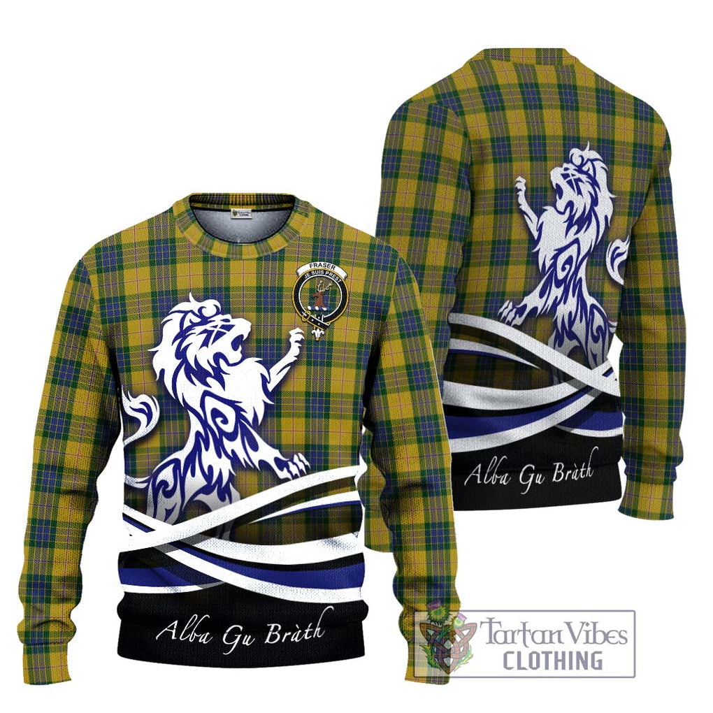 Fraser Yellow Tartan Knitted Sweater with Alba Gu Brath Regal Lion Emblem Unisex - Tartanvibesclothing Shop