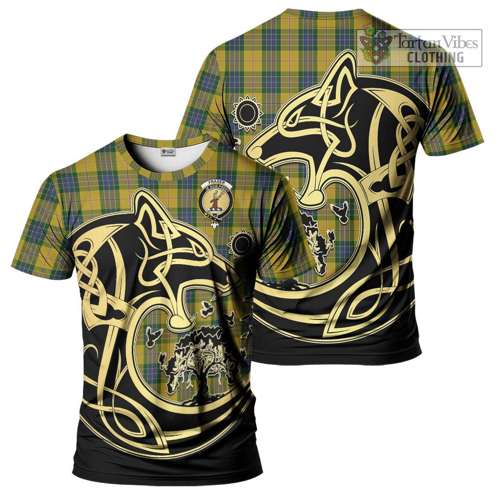 Fraser Yellow Tartan T-Shirt with Family Crest Celtic Wolf Style Kid's Shirt - Tartan Vibes Clothing