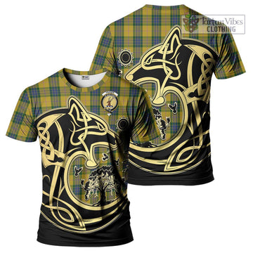 Fraser Yellow Tartan T-Shirt with Family Crest Celtic Wolf Style