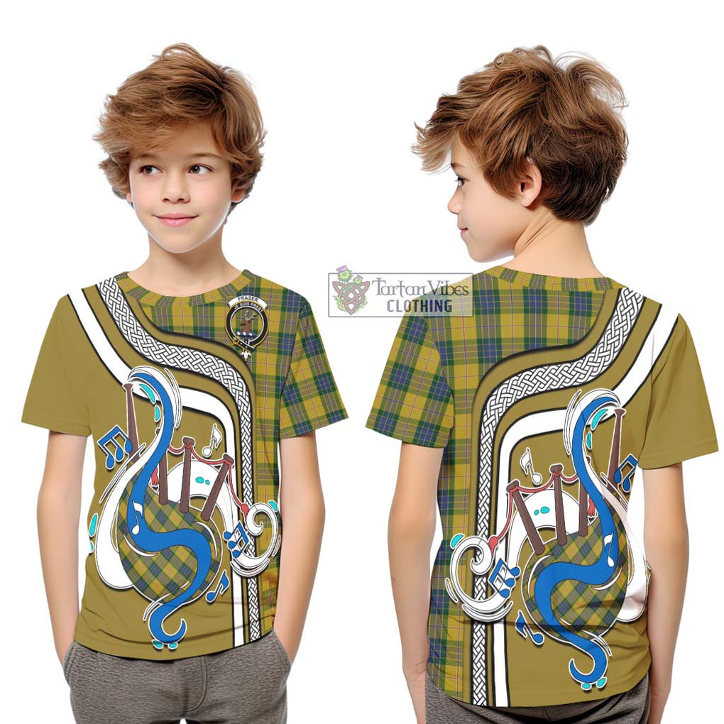 Tartan Vibes Clothing Fraser Yellow Tartan Kid T-Shirt with Epic Bagpipe Style