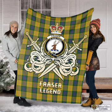 Fraser Yellow Tartan Blanket with Clan Crest and the Golden Sword of Courageous Legacy