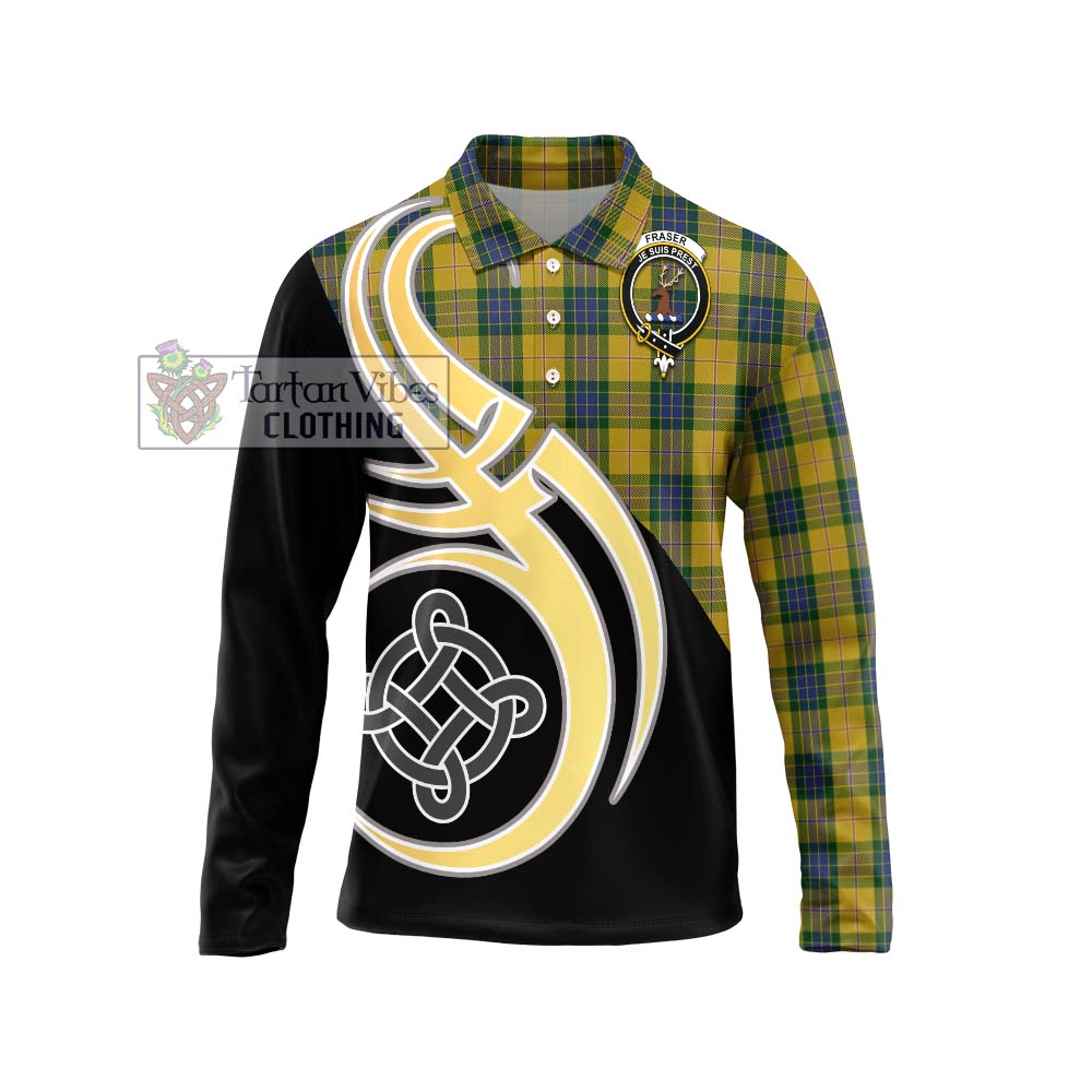 Fraser Yellow Tartan Long Sleeve Polo Shirt with Family Crest and Celtic Symbol Style Unisex - Tartan Vibes Clothing