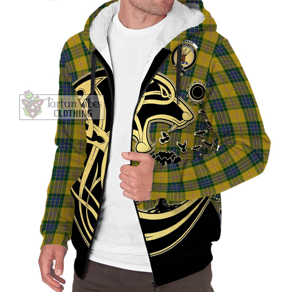 Fraser Yellow Tartan Sherpa Hoodie with Family Crest Celtic Wolf Style Unisex S - Tartan Vibes Clothing