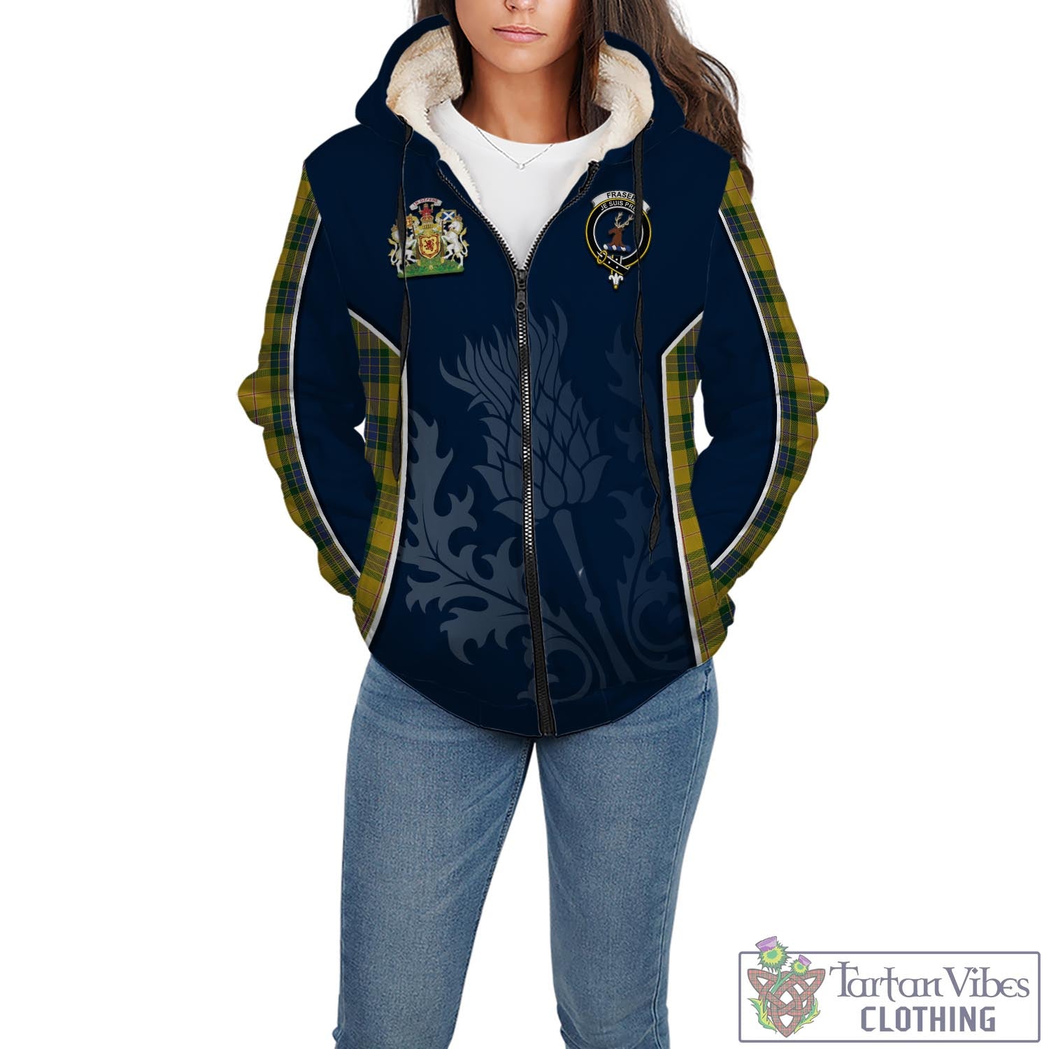 Tartan Vibes Clothing Fraser Yellow Tartan Sherpa Hoodie with Family Crest and Scottish Thistle Vibes Sport Style