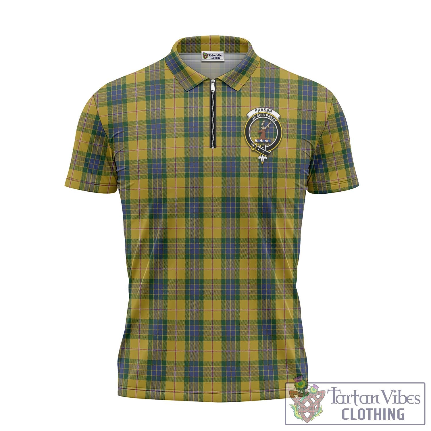 Tartan Vibes Clothing Fraser Yellow Tartan Zipper Polo Shirt with Family Crest