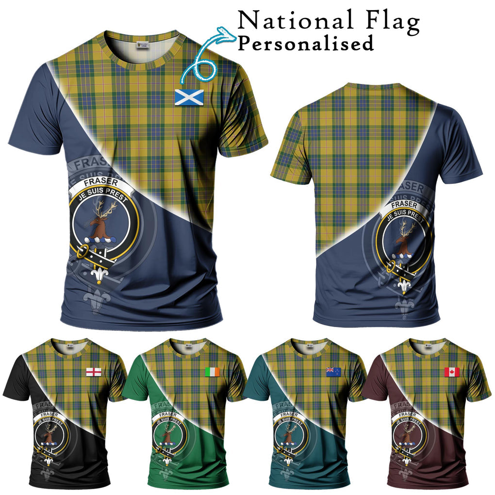 Fraser Yellow Tartan T-Shirt with Personalised National Flag and Family Crest Half Style Kid's Shirt - Tartanvibesclothing Shop