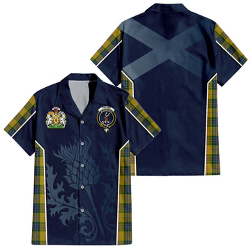 Fraser Yellow Tartan Short Sleeve Button Up Shirt with Family Crest and Scottish Thistle Vibes Sport Style