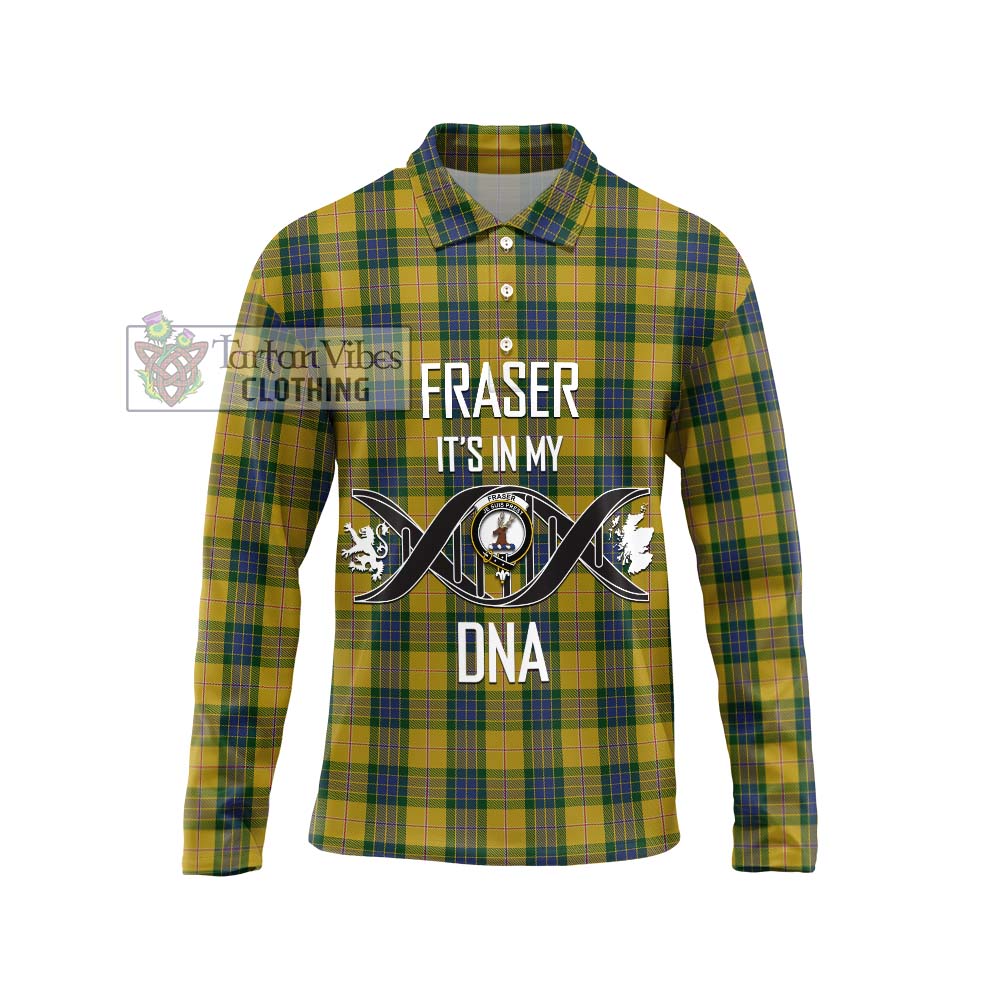 Fraser Yellow Tartan Long Sleeve Polo Shirt with Family Crest DNA In Me Style Unisex - Tartanvibesclothing Shop