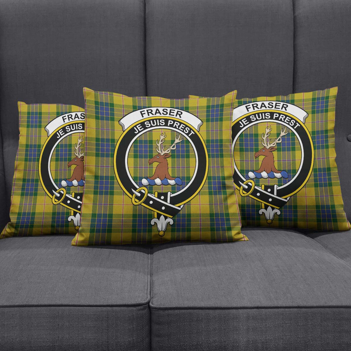 Fraser Yellow Tartan Pillow Cover with Family Crest Square Pillow Cover - Tartanvibesclothing