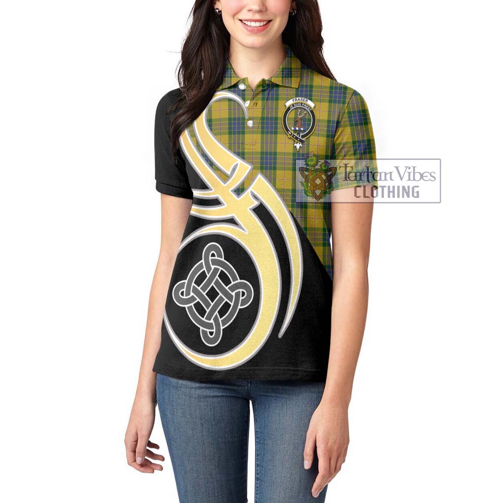 Fraser Yellow Tartan Women's Polo Shirt with Family Crest and Celtic Symbol Style Women - Tartan Vibes Clothing