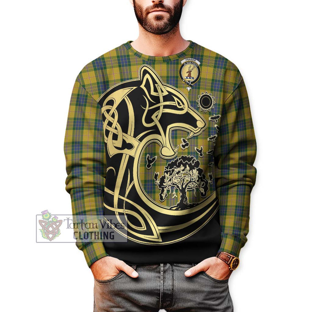 Fraser Yellow Tartan Sweatshirt with Family Crest Celtic Wolf Style Unisex - Tartan Vibes Clothing