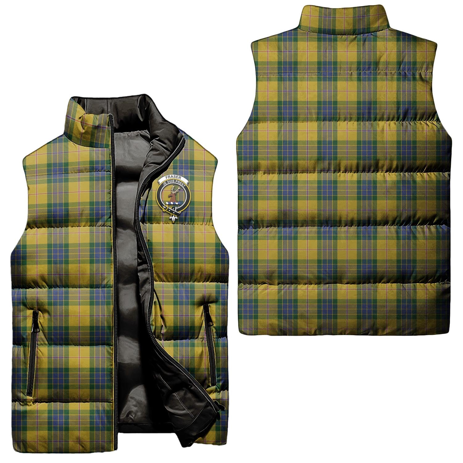 Fraser Yellow Tartan Sleeveless Puffer Jacket with Family Crest Unisex - Tartanvibesclothing