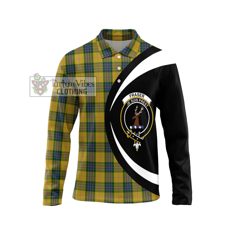 Fraser Yellow Tartan Long Sleeve Polo Shirt with Family Crest Circle Style Unisex - Tartan Vibes Clothing