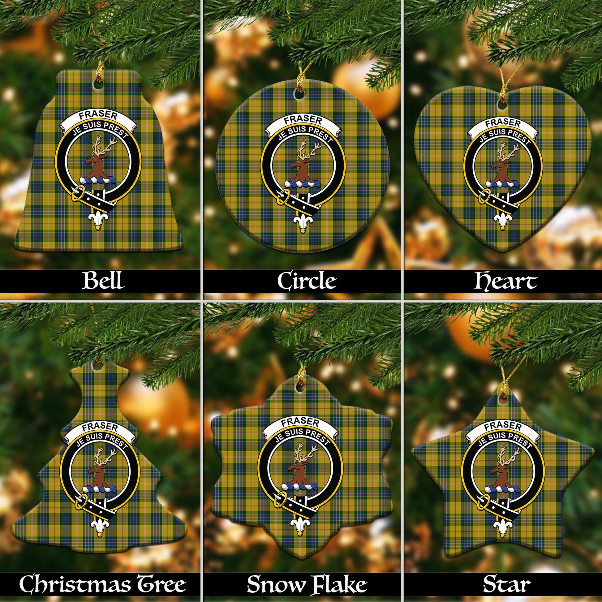 Fraser Yellow Tartan Christmas Ornaments with Family Crest - Tartanvibesclothing