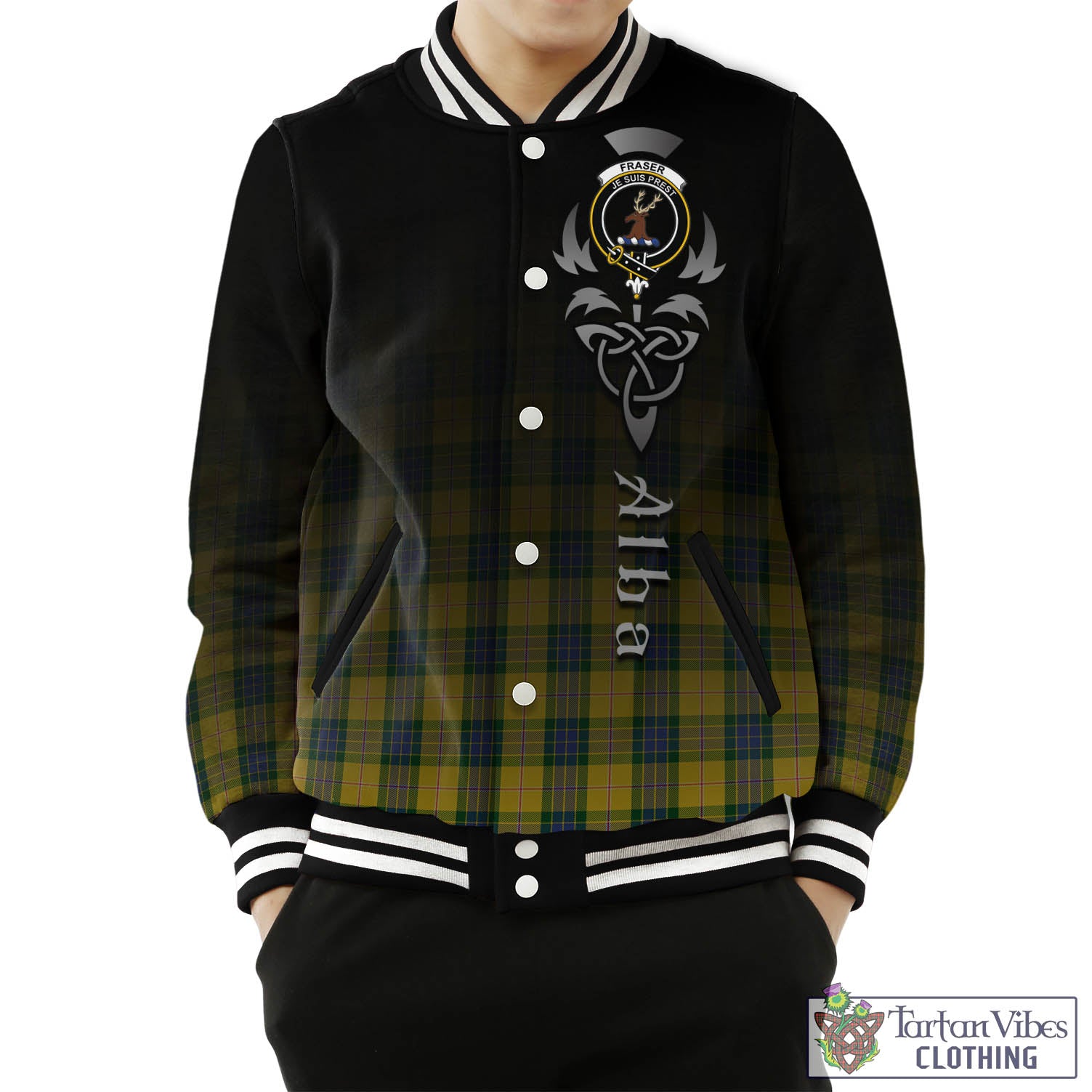 Tartan Vibes Clothing Fraser Yellow Tartan Baseball Jacket Featuring Alba Gu Brath Family Crest Celtic Inspired