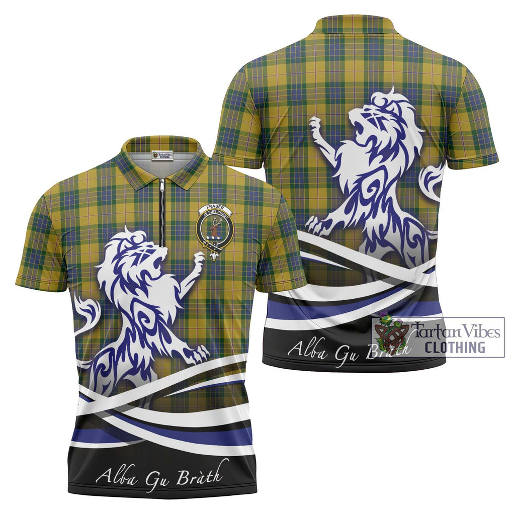 Fraser Yellow Tartan Zipper Polo Shirt with Alba Gu Brath Regal Lion Emblem Unisex - Tartanvibesclothing Shop