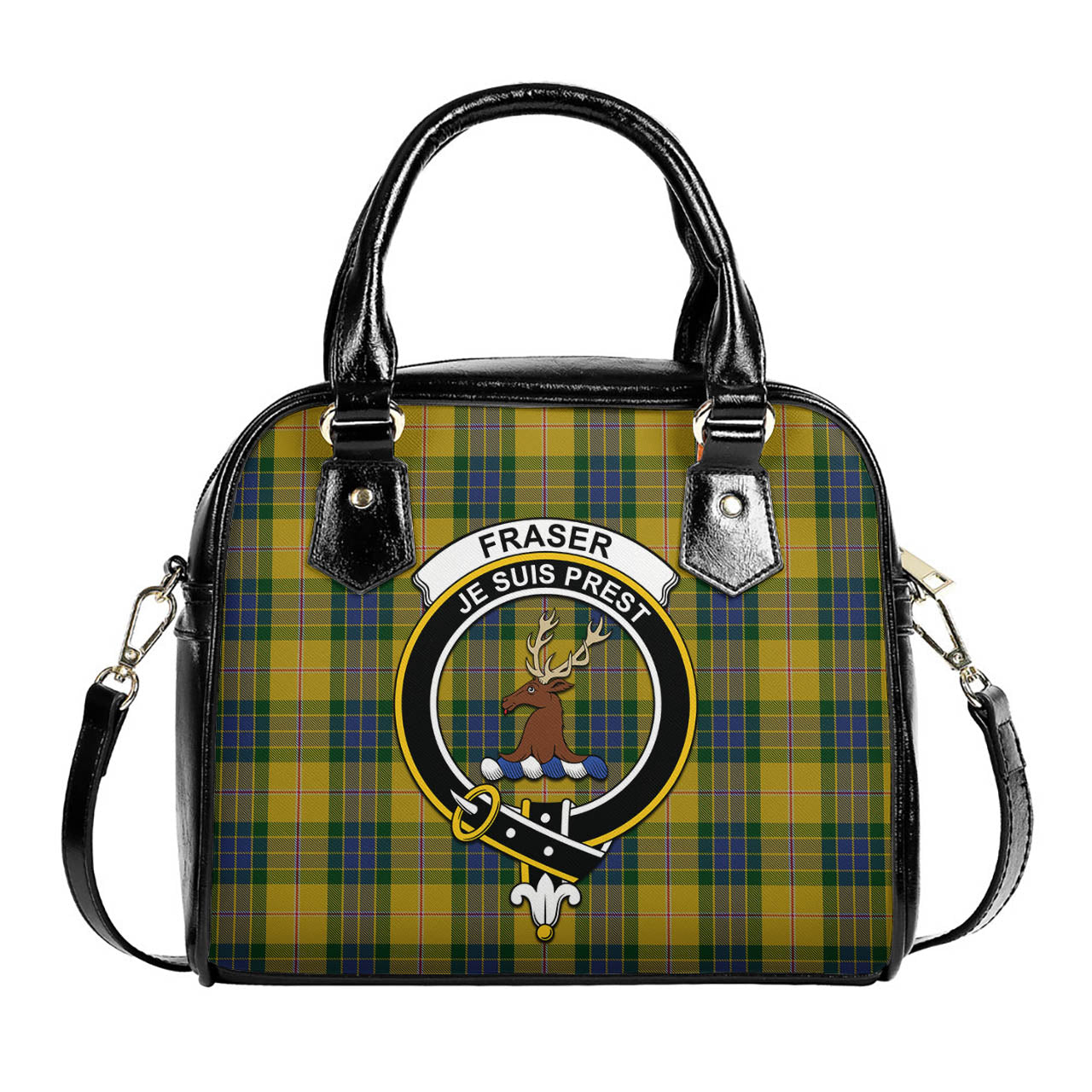 Fraser Yellow Tartan Shoulder Handbags with Family Crest One Size 6*25*22 cm - Tartanvibesclothing