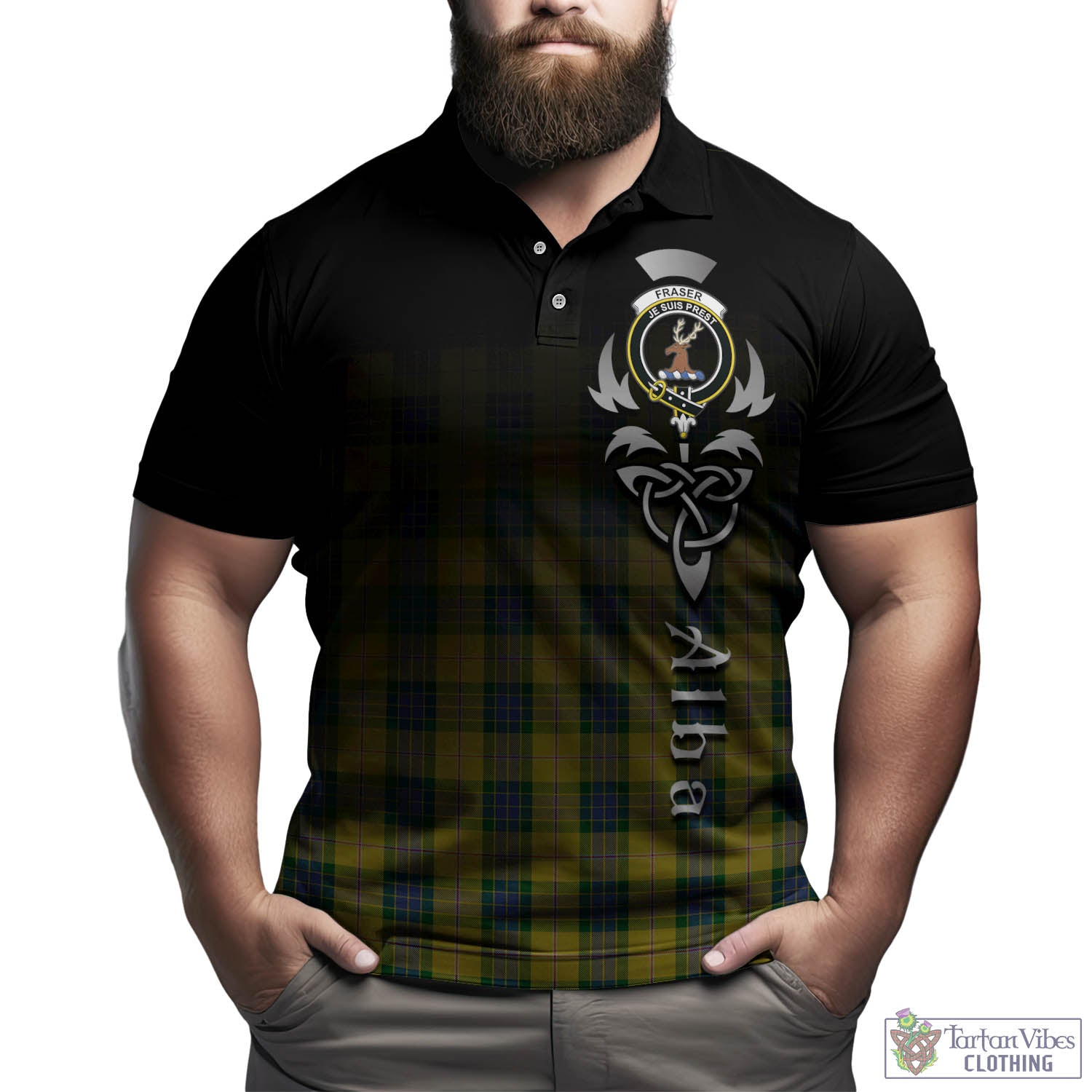 Tartan Vibes Clothing Fraser Yellow Tartan Polo Shirt Featuring Alba Gu Brath Family Crest Celtic Inspired