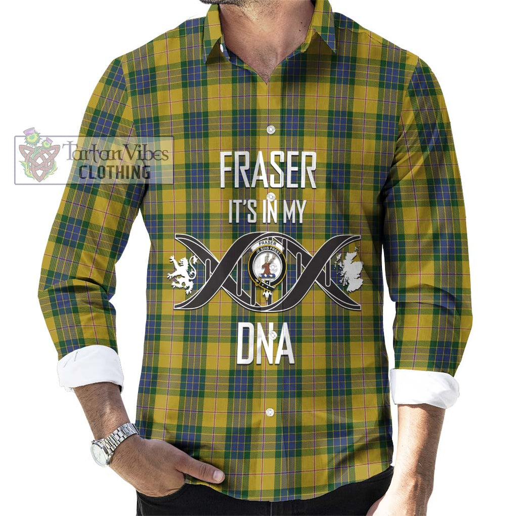 Fraser Yellow Tartan Long Sleeve Button Shirt with Family Crest DNA In Me Style Men's Shirt S - Tartanvibesclothing Shop