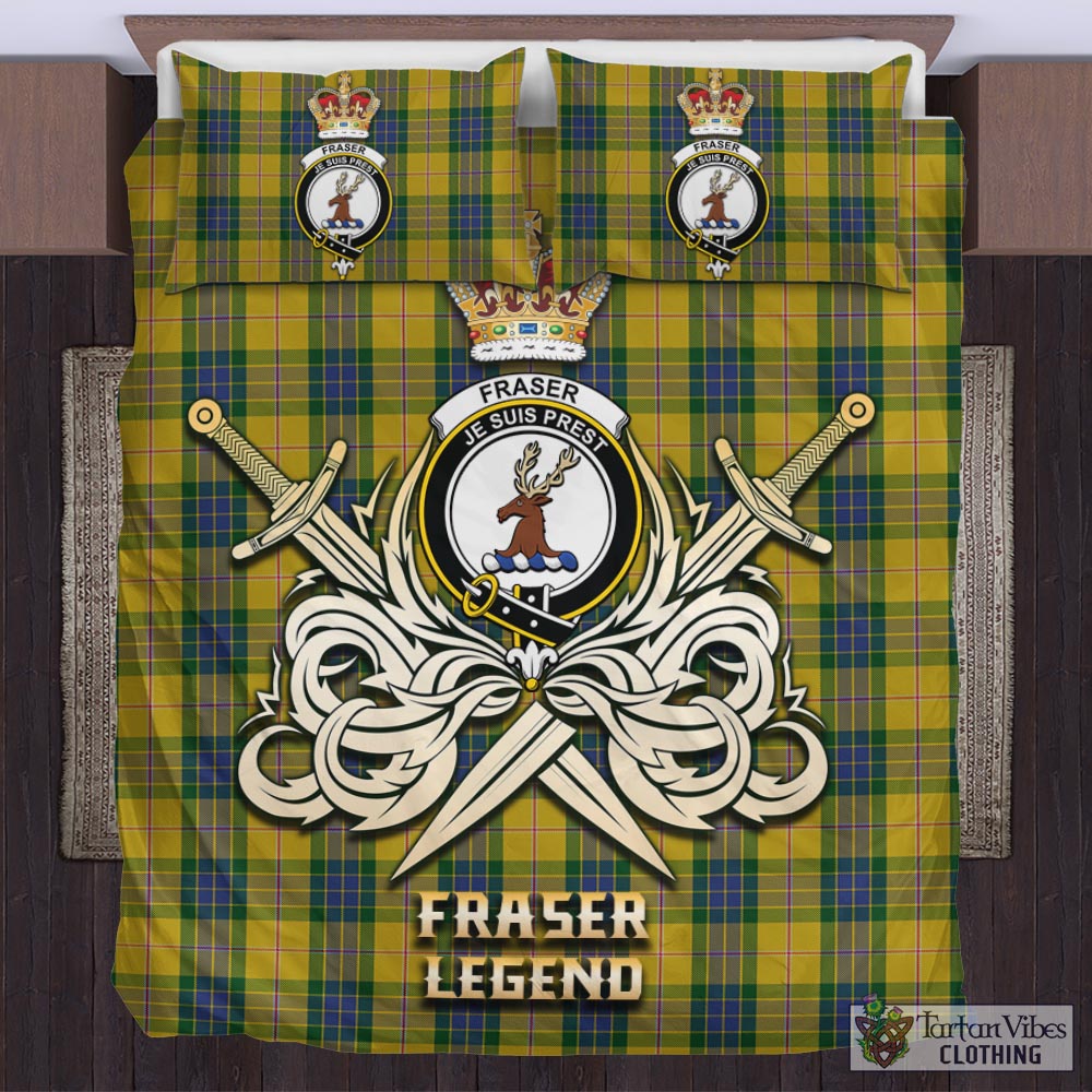 Tartan Vibes Clothing Fraser Yellow Tartan Bedding Set with Clan Crest and the Golden Sword of Courageous Legacy