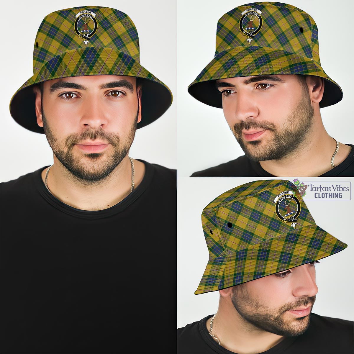 Tartan Vibes Clothing Fraser Yellow Tartan Bucket Hat with Family Crest