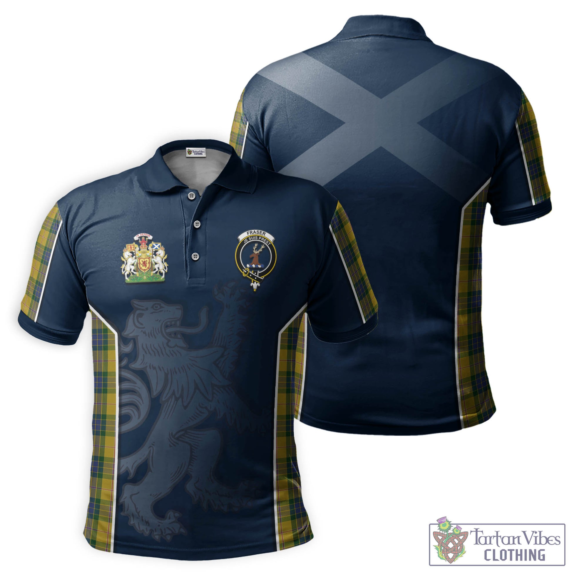 Tartan Vibes Clothing Fraser Yellow Tartan Men's Polo Shirt with Family Crest and Lion Rampant Vibes Sport Style