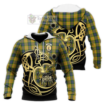 Fraser Yellow Tartan Knitted Hoodie with Family Crest Celtic Wolf Style