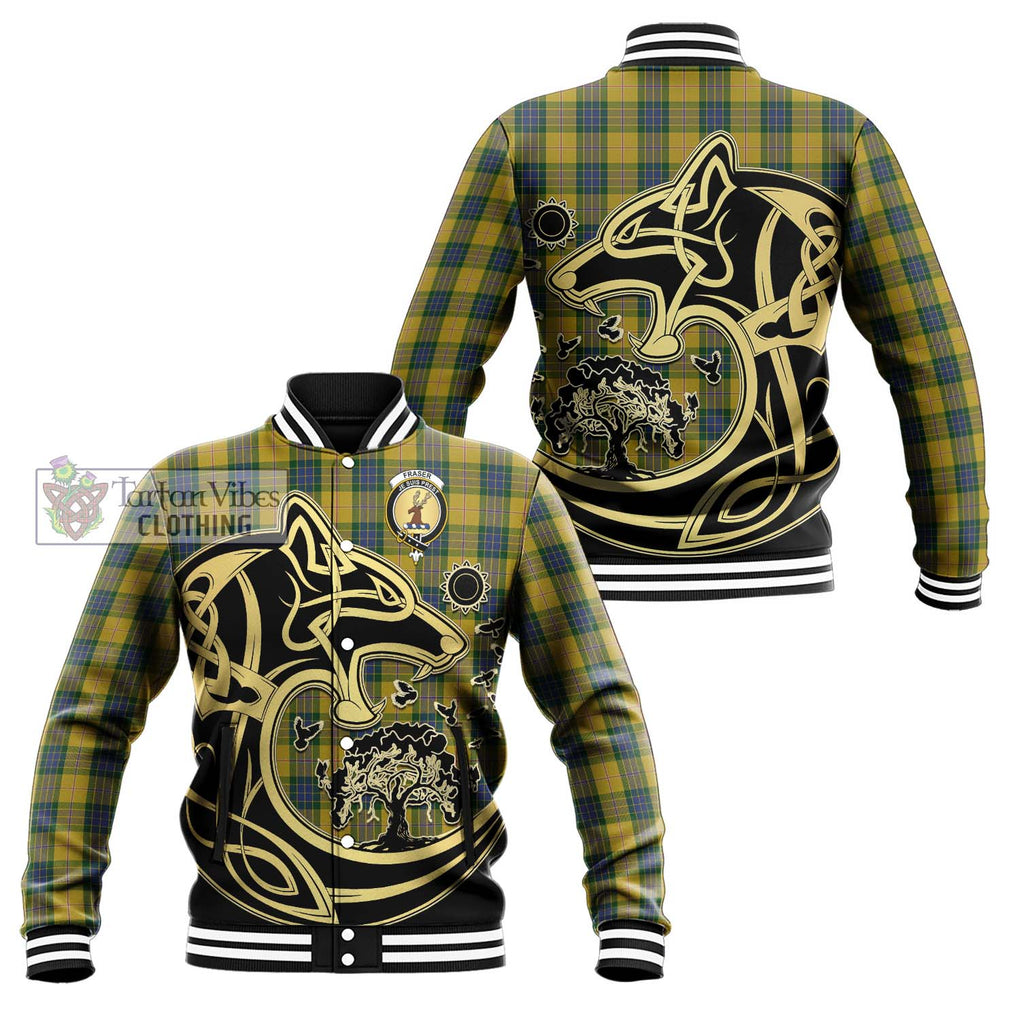 Fraser Yellow Tartan Baseball Jacket with Family Crest Celtic Wolf Style Unisex - Tartan Vibes Clothing