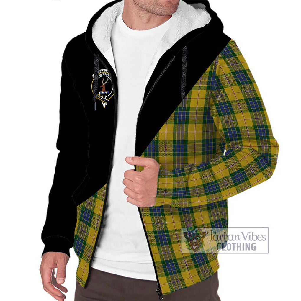 Fraser Yellow Tartan Sherpa Hoodie with Family Crest and Military Logo Style Unisex S - Tartanvibesclothing Shop