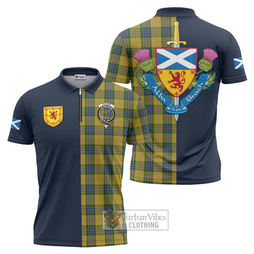 Fraser Yellow Tartan Zipper Polo Shirt Alba with Scottish Lion Royal Arm Half Style