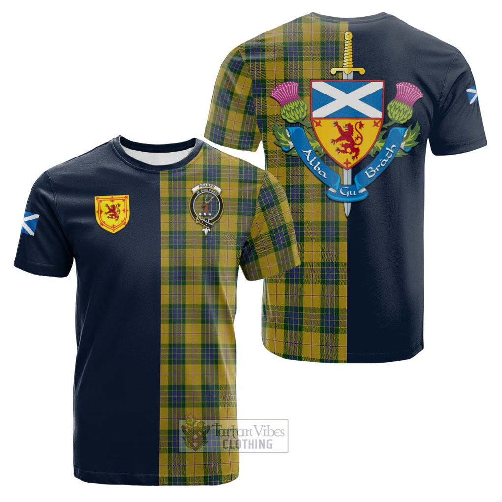 Tartan Vibes Clothing Fraser Yellow Tartan Cotton T-shirt with Scottish Lion Royal Arm Half Style