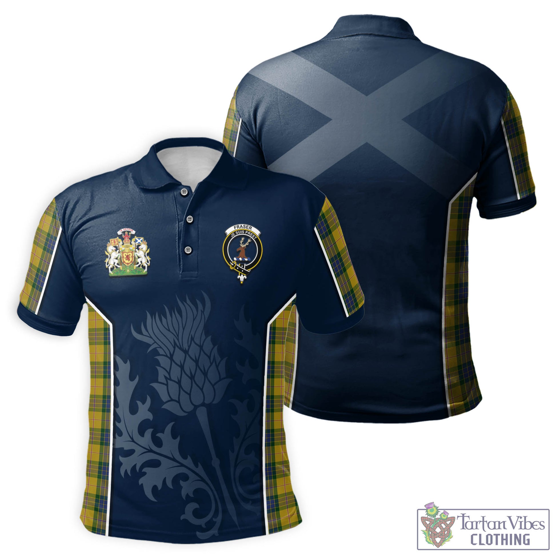 Tartan Vibes Clothing Fraser Yellow Tartan Men's Polo Shirt with Family Crest and Scottish Thistle Vibes Sport Style