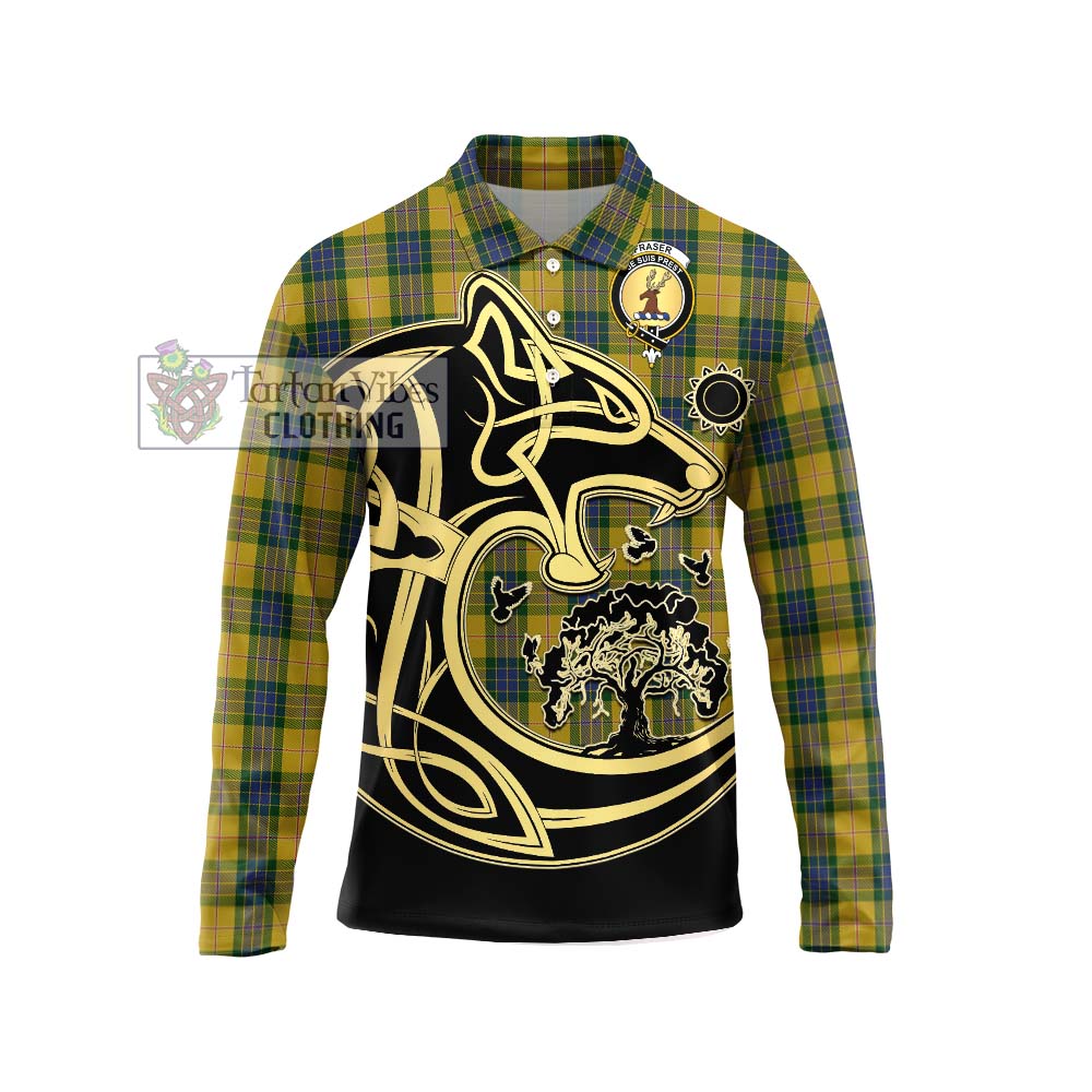 Fraser Yellow Tartan Long Sleeve Polo Shirt with Family Crest Celtic Wolf Style Unisex - Tartanvibesclothing Shop