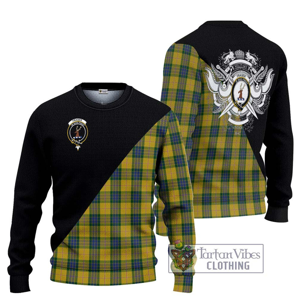 Fraser Yellow Tartan Knitted Sweater with Family Crest and Military Logo Style Unisex - Tartanvibesclothing Shop