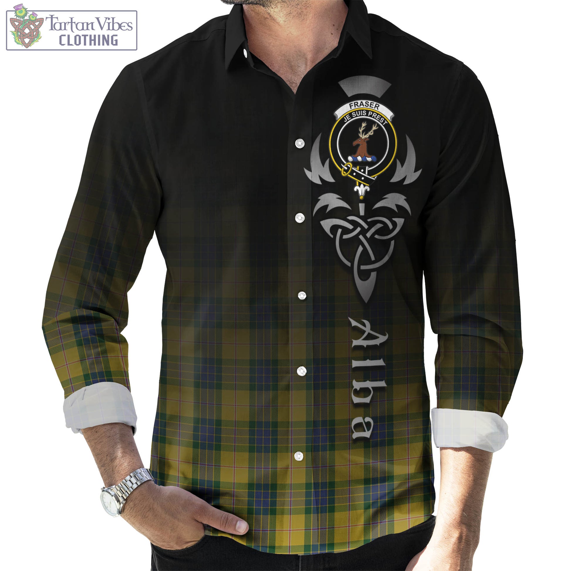 Tartan Vibes Clothing Fraser Yellow Tartan Long Sleeve Button Up Featuring Alba Gu Brath Family Crest Celtic Inspired