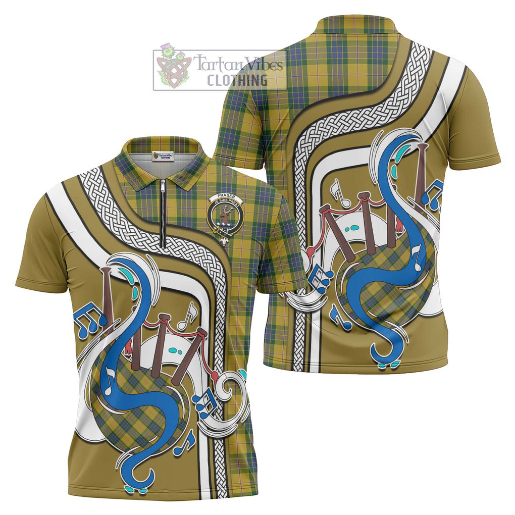 Fraser Yellow Tartan Zipper Polo Shirt with Epic Bagpipe Style Unisex - Tartanvibesclothing Shop