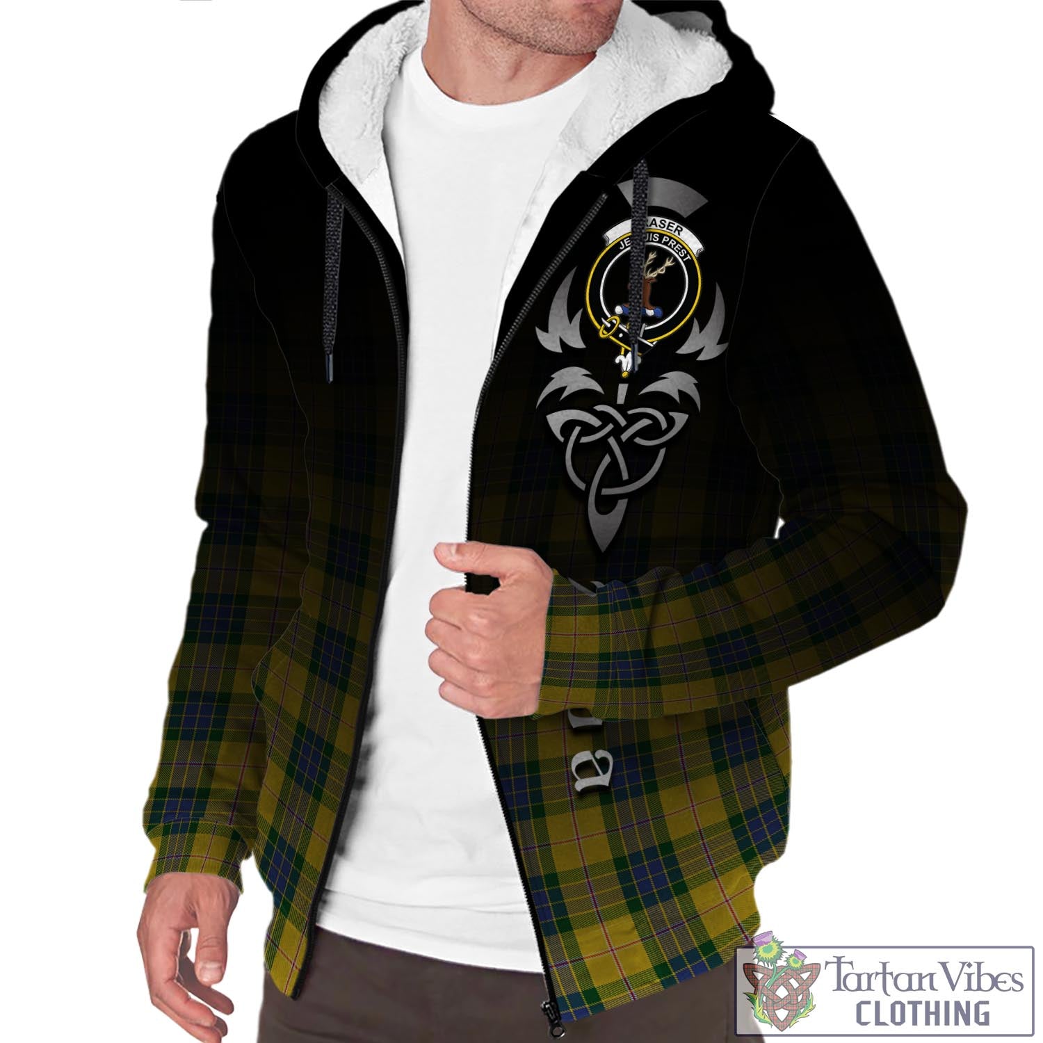 Tartan Vibes Clothing Fraser Yellow Tartan Sherpa Hoodie Featuring Alba Gu Brath Family Crest Celtic Inspired