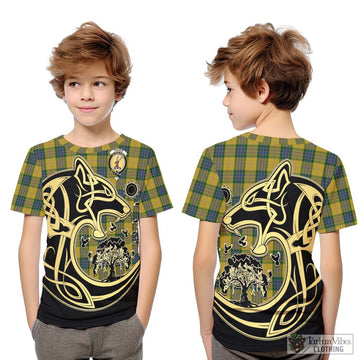 Fraser Yellow Tartan Kid T-Shirt with Family Crest Celtic Wolf Style