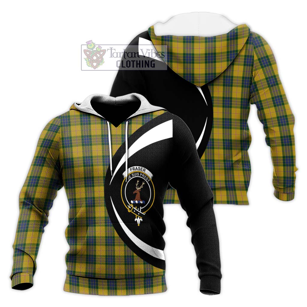 Fraser Yellow Tartan Knitted Hoodie with Family Crest Circle Style Unisex Knitted Pullover Hoodie - Tartan Vibes Clothing