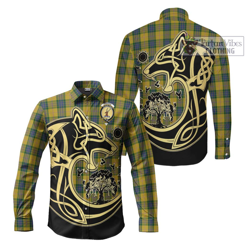 Fraser Yellow Tartan Long Sleeve Button Shirt with Family Crest Celtic Wolf Style Men's Shirt S - Tartan Vibes Clothing